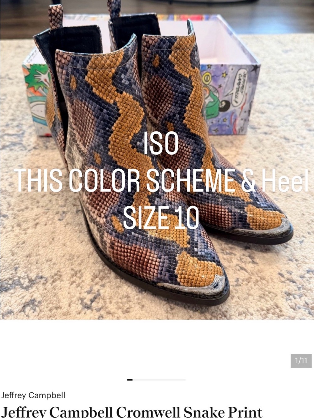 ISO Jeffrey Campbell Cromwell Snake-Print Ankle Boots in Mustard & Navy